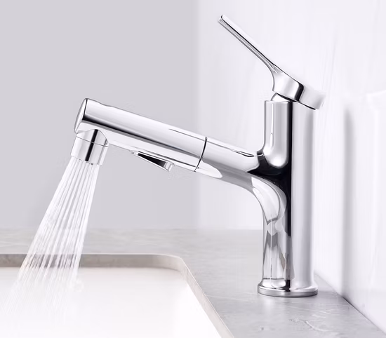 Sanitaires Moderne Noir Mat Corps En Laiton Chromé Poignée À Levier Unique Pivotant Salle De Bains Chaude Cuisine Lavabo Évier Mélangeur D'eau Robinet Avec Pull Out Pull Down